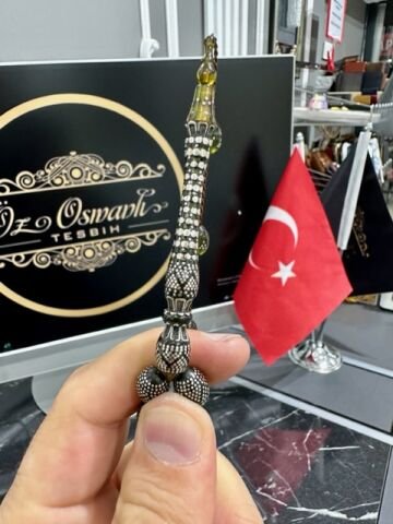 Badem Model Gümüş İşlemeli Yeşil Renk Nakkaş İmame Ateş Kehribar Tesbih