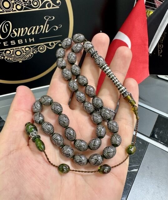 Badem Model Gümüş İşlemeli Yeşil Renk Nakkaş İmame Ateş Kehribar Tesbih