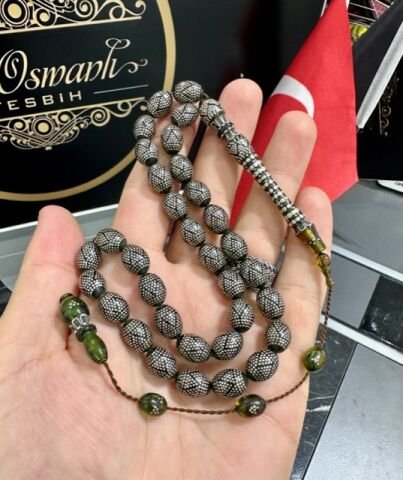 Badem Model Gümüş İşlemeli Yeşil Renk Nakkaş İmame Ateş Kehribar Tesbih