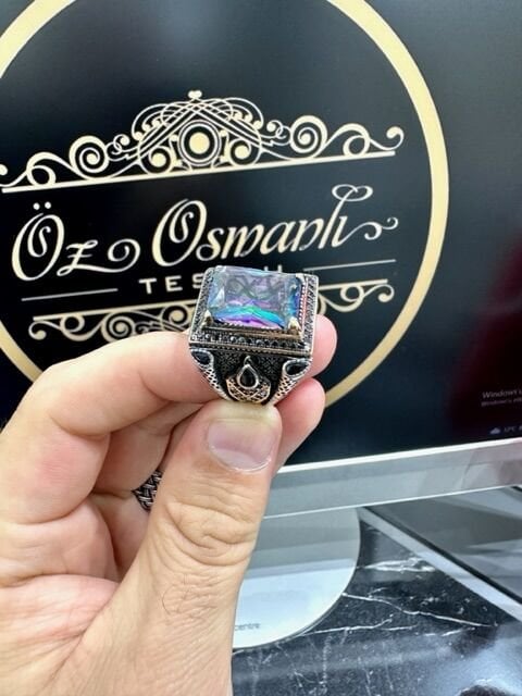 Mistik Topaz Taşlı Gümüş Erkek Yüzük