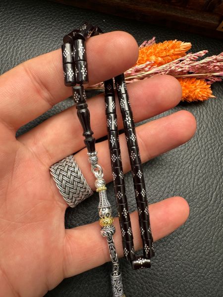 Kesme Model Gümüş İşlemeli Ateş Kehribar Tesbih