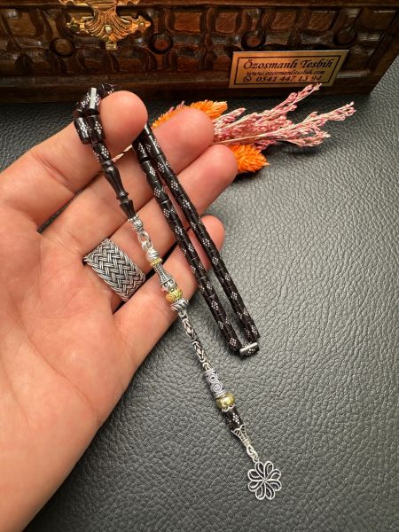 Kesme Model Gümüş İşlemeli Ateş Kehribar Tesbih