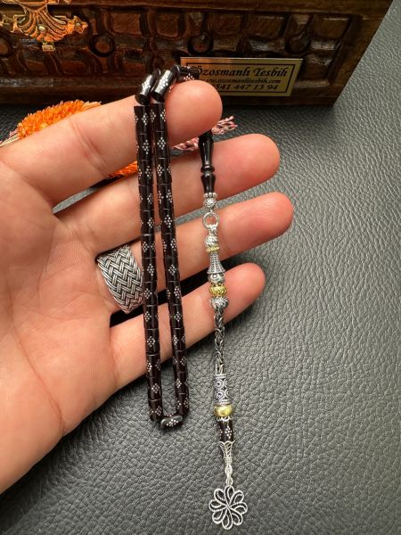 Kesme Model Gümüş İşlemeli Ateş Kehribar Tesbih