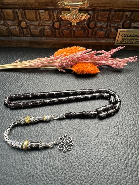 Kesme Model Gümüş İşlemeli Ateş Kehribar Tesbih