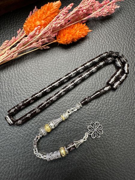 Kesme Model Gümüş İşlemeli Ateş Kehribar Tesbih