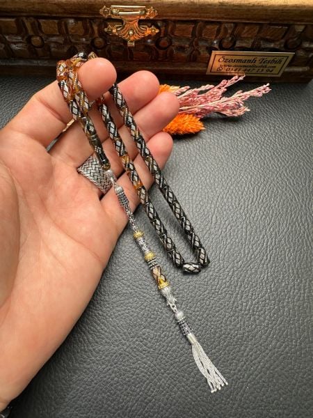 Kesme Model Gümüş İşlemeli Ateş Kehribar Tesbih