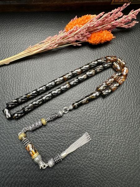 Kesme Model Gümüş İşlemeli Ateş Kehribar Tesbih