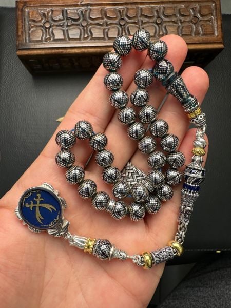 Küre Model Gümüş İşlemeli Ateş Kehribar Tesbih