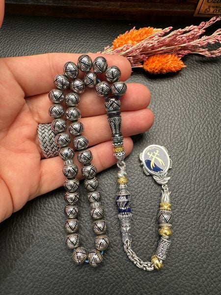 Küre Model Gümüş İşlemeli Ateş Kehribar Tesbih