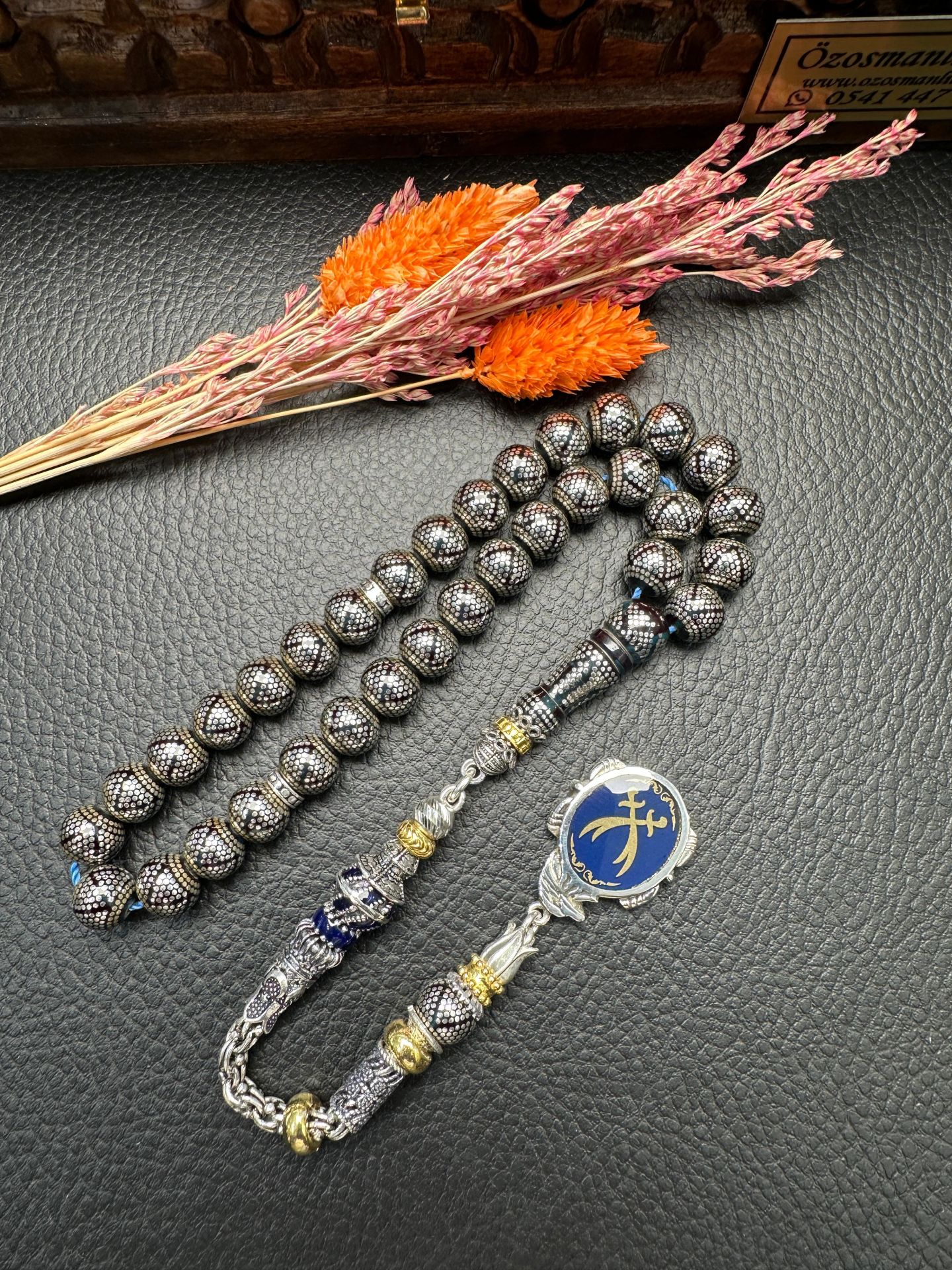 Küre Model Gümüş İşlemeli Ateş Kehribar Tesbih