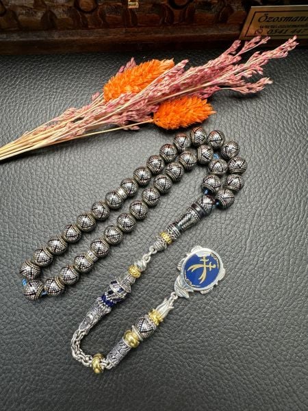 Küre Model Gümüş İşlemeli Ateş Kehribar Tesbih