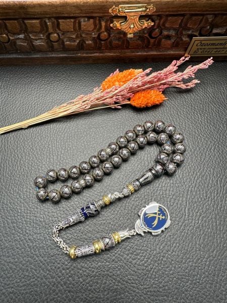 Küre Model Gümüş İşlemeli Ateş Kehribar Tesbih