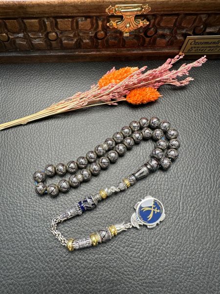 Küre Model Gümüş İşlemeli Ateş Kehribar Tesbih