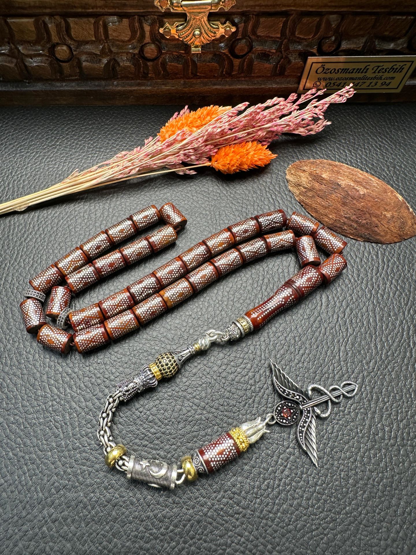 Kesme Model Gümüş İşlemeli Kuka Tesbih