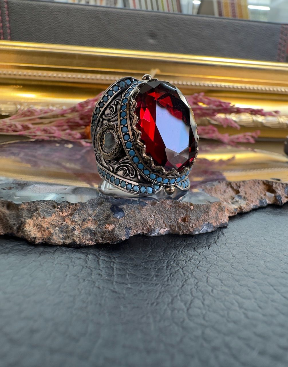 Faseta Kesim Ateş Kehribar  Gümüş Yüzük