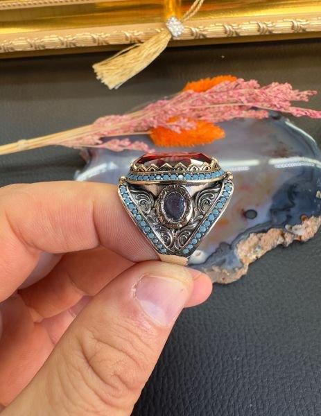 Faseta Kesim Ateş Kehribar  Gümüş Yüzük