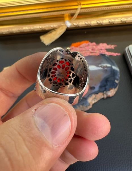 Faseta Kesim Ateş Kehribar  Gümüş Yüzük