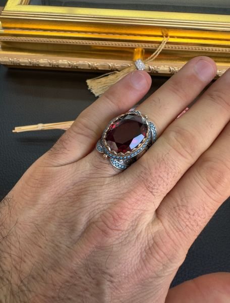 Faseta Kesim Ateş Kehribar  Gümüş Yüzük