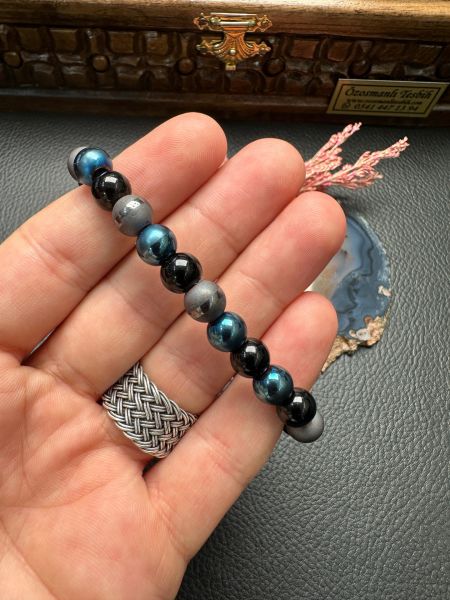 Siyah Obsidyen ve Hematit Doğal Taş Bileklik