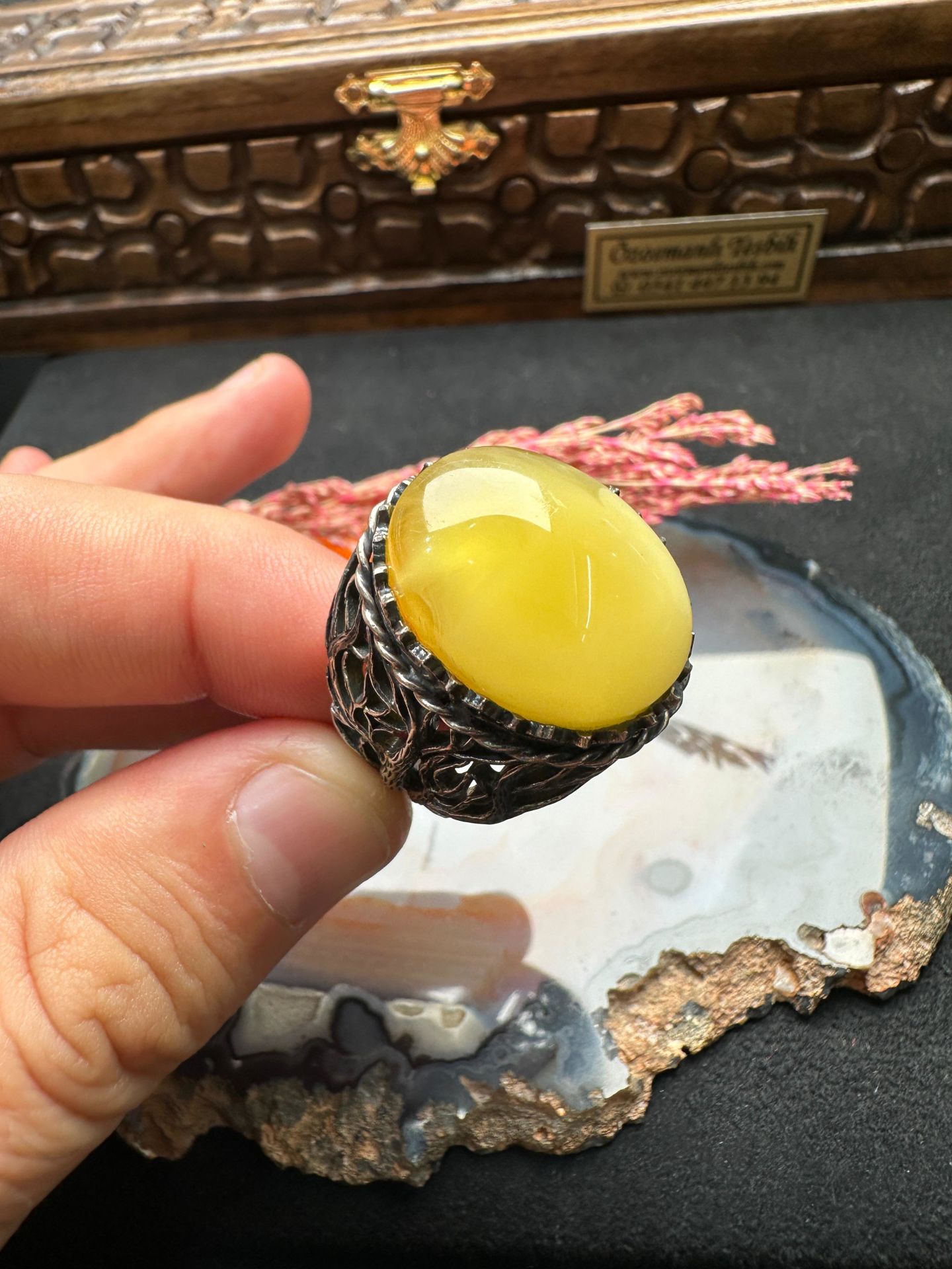 Damla Kehribar Gümüş Yüzük