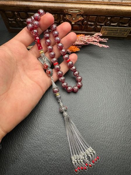 Küre Model Gümüş İşlemeli Ateş Kehribar Tesbih