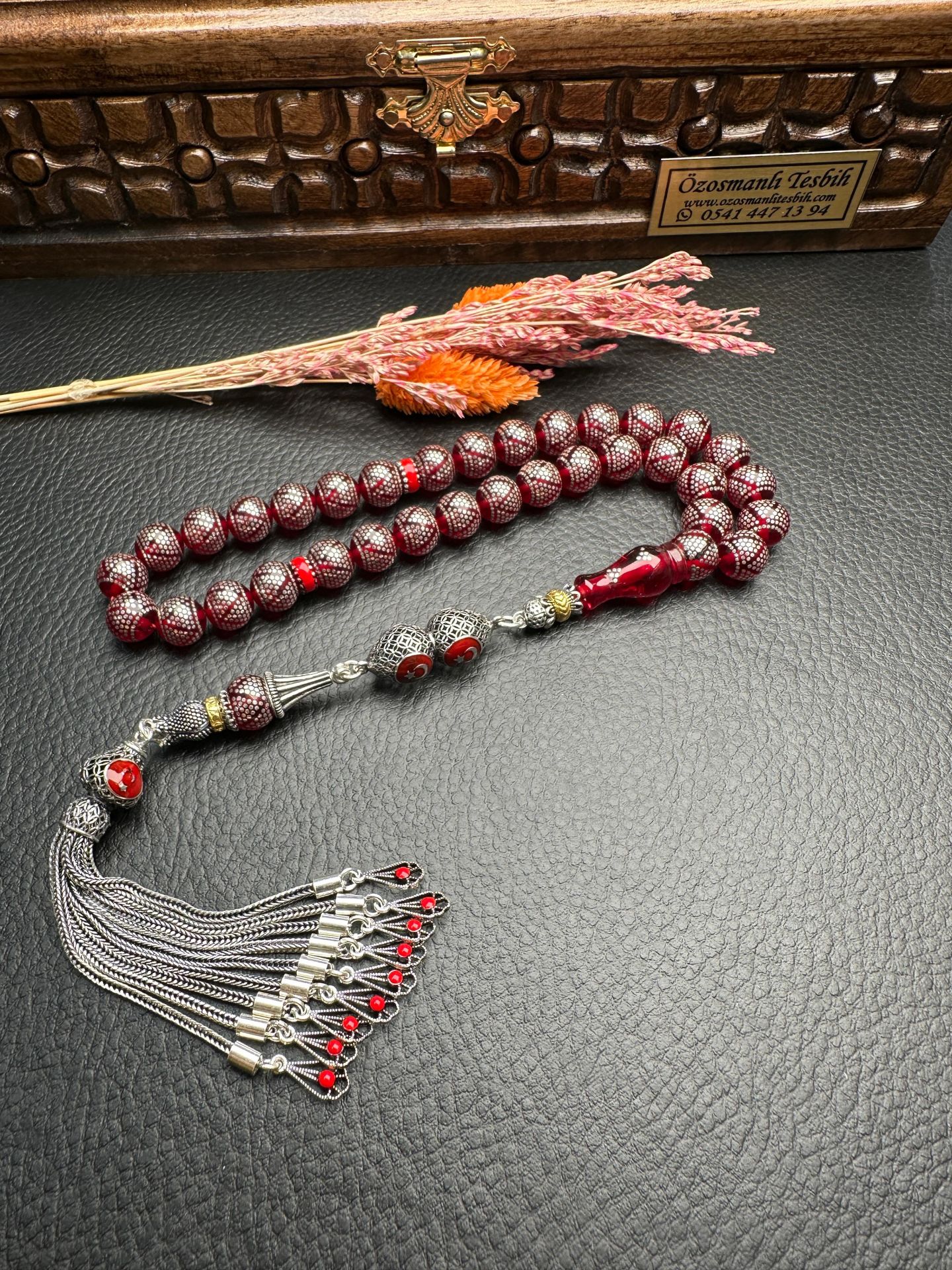 Küre Model Gümüş İşlemeli Ateş Kehribar Tesbih