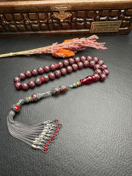 Küre Model Gümüş İşlemeli Ateş Kehribar Tesbih