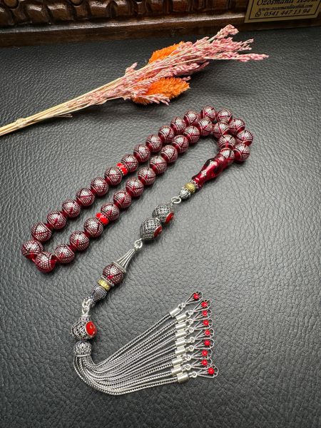 Küre Model Gümüş İşlemeli Ateş Kehribar Tesbih