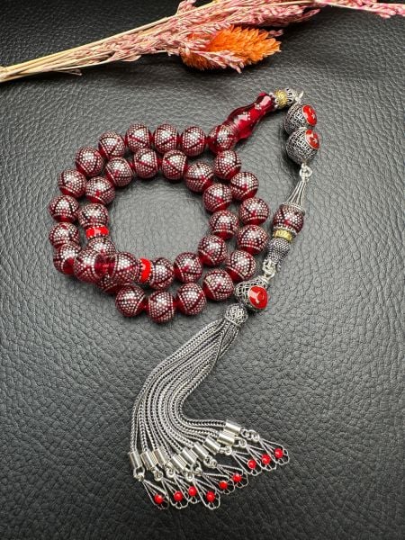 Küre Model Gümüş İşlemeli Ateş Kehribar Tesbih