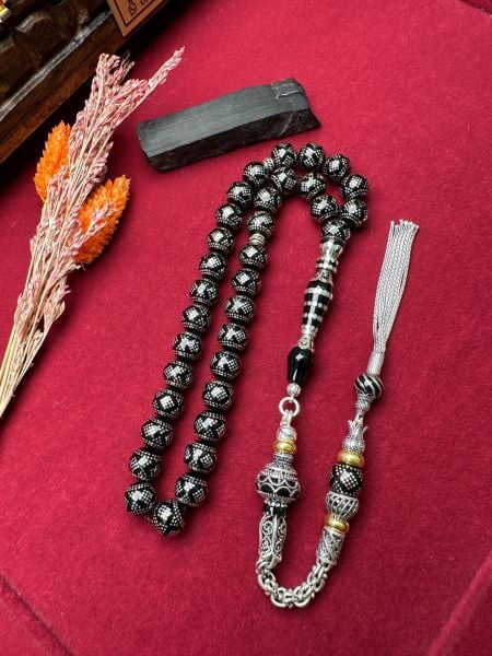 Küre Model Gümüş İşlemeli Erzurum Oltu Taşı Tesbih