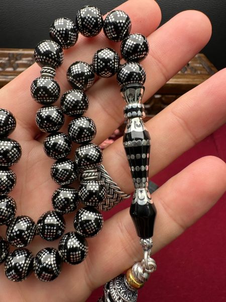 Küre Model Gümüş İşlemeli Erzurum Oltu Taşı Tesbih