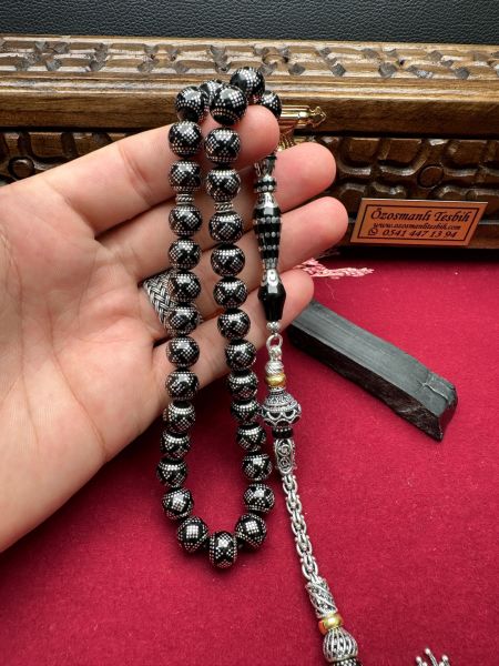 Küre Model Gümüş İşlemeli Erzurum Oltu Taşı Tesbih