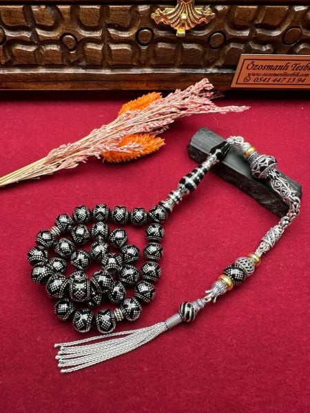 Küre Model Gümüş İşlemeli Erzurum Oltu Taşı Tesbih
