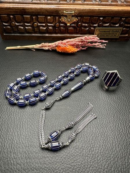 Gümüş  Yarma İşlemeli Ateş Kehribar Tesbih ve Yüzük Kombin