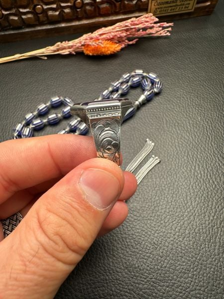 Gümüş  Yarma İşlemeli Ateş Kehribar Tesbih ve Yüzük Kombin