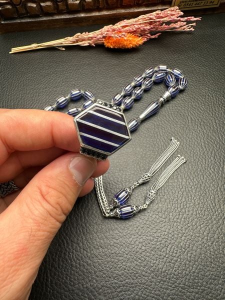 Gümüş  Yarma İşlemeli Ateş Kehribar Tesbih ve Yüzük Kombin