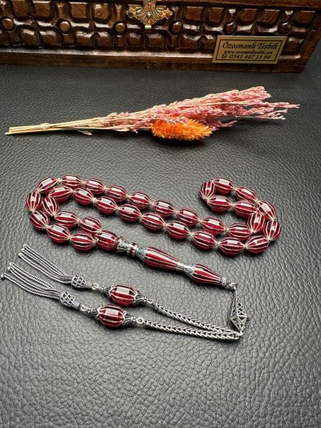 Gümüş  Yarma İşlemeli Ateş Kehribar Tesbih ve Yüzük Kombin