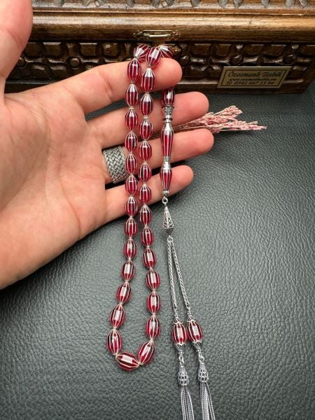 Gümüş  Yarma İşlemeli Ateş Kehribar Tesbih ve Yüzük Kombin