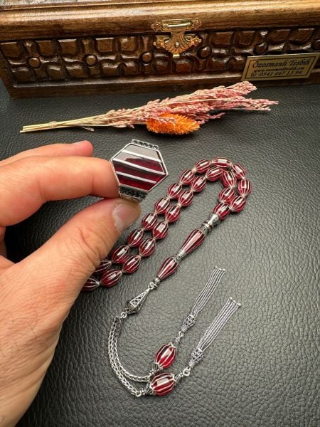 Gümüş  Yarma İşlemeli Ateş Kehribar Tesbih ve Yüzük Kombin