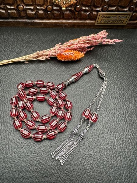 Gümüş  Yarma İşlemeli Ateş Kehribar Tesbih ve Yüzük Kombin