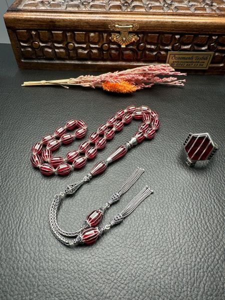 Gümüş  Yarma İşlemeli Ateş Kehribar Tesbih ve Yüzük Kombin