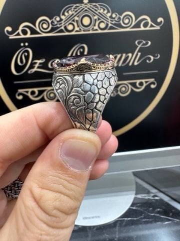 Özel Tasarım Ateş Kehribar Taşlı Gümüş Yüzük