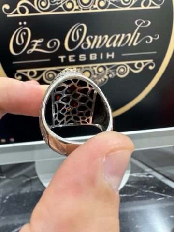 Özel Tasarım Ateş Kehribar Taşlı Gümüş Yüzük