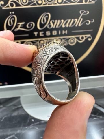 Özel Tasarım Ateş Kehribar Taşlı Gümüş Yüzük