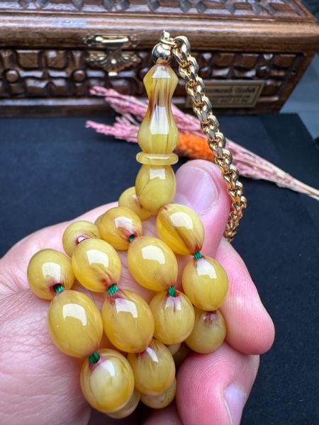 Tombul Beyzi Model Traşlı Eski Osmanlı Sıkma Kehribar Tesbih