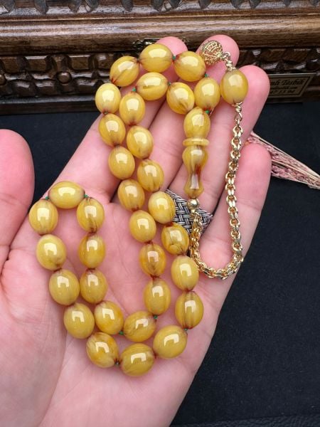 Tombul Beyzi Model Traşlı Eski Osmanlı Sıkma Kehribar Tesbih