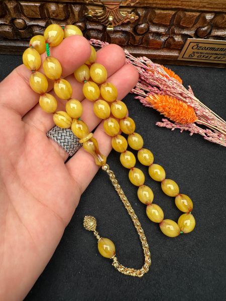 Tombul Beyzi Model Traşlı Eski Osmanlı Sıkma Kehribar Tesbih