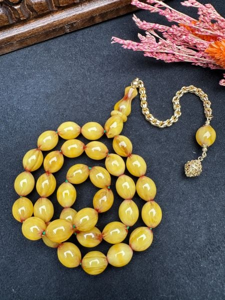 Tombul Beyzi Model Traşlı Eski Osmanlı Sıkma Kehribar Tesbih