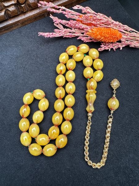 Tombul Beyzi Model Traşlı Eski Osmanlı Sıkma Kehribar Tesbih