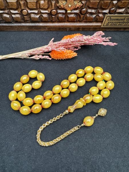 Tombul Beyzi Model Traşlı Eski Osmanlı Sıkma Kehribar Tesbih